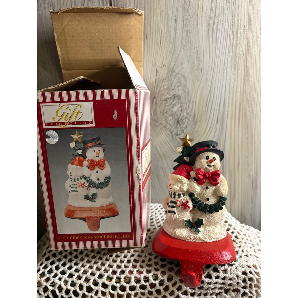 Vintage Snowman Christmas Stocking Holder Poly Resin Holiday Decor Red Base